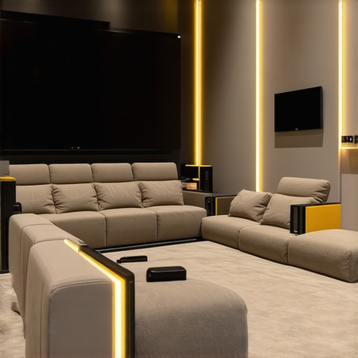 Modern small home theater with modular loveseat recliners equipped with advanced tech features.