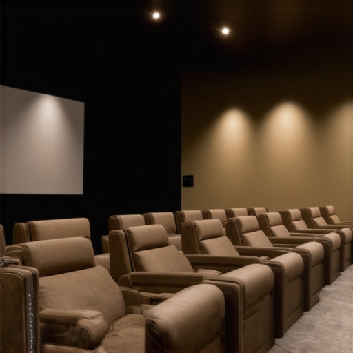 Modern modular home theater seats with integrated smart technology and ergonomic supports in a compact room