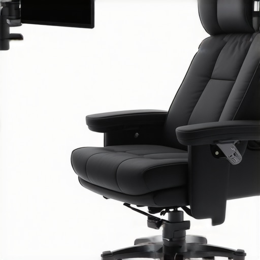 A futuristic home theater chair with ergonomic contours, smart controls, and premium upholstery in a modern room