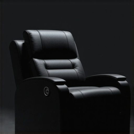 High-tech home theater chair featuring sensors, adaptive support, and smart materials in a sleek modern room.
