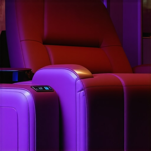 Futuristic home theater chair featuring built-in sound system and control panel