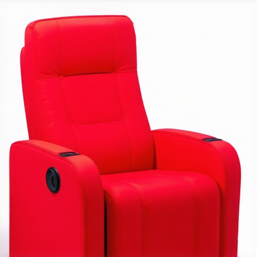 A sleek, ergonomic home theater seat with integrated smart features and sustainable materials, designed for future-ready entertainment