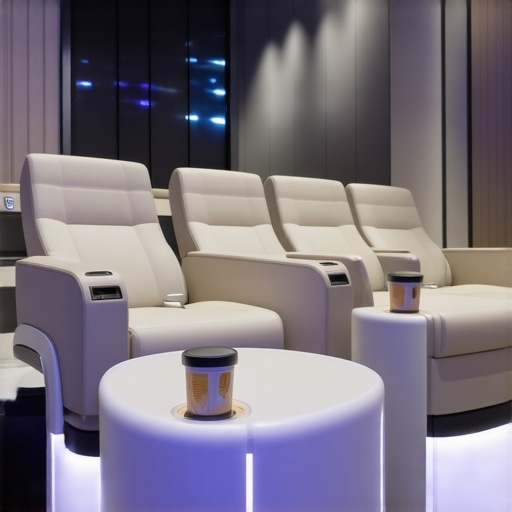 Modern home theater with integrated wireless charging cup holders and luxurious seating