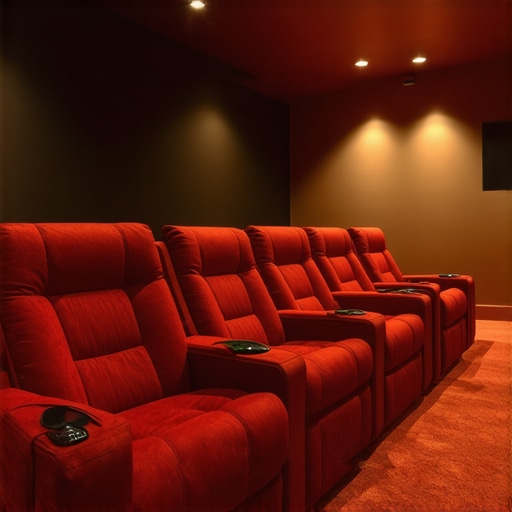 Elegant home theater with plush recliners and integrated cup holders for ultimate comfort