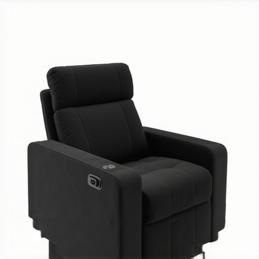 A modern ergonomic home theater chair with adjustable features, plush cushions, and ambient lighting.