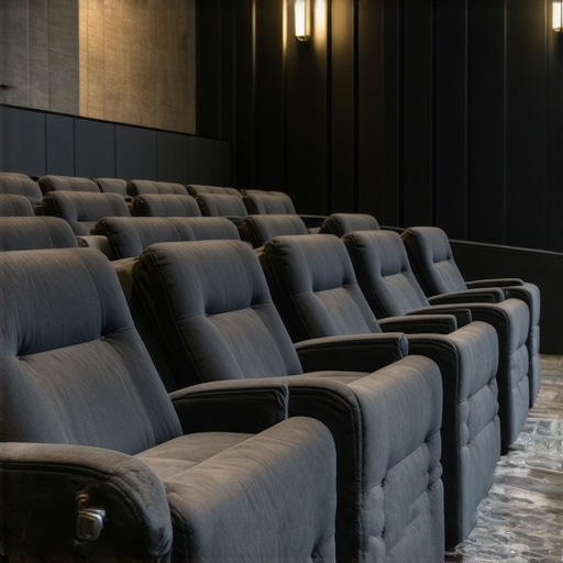 Elegant ergonomic sofas with sound-absorptive upholstery in a modern home theater