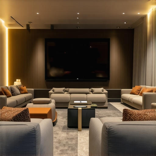 Stylish home theater seats with built-in tech and customizable features in a modern room.