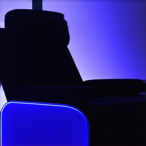 A futuristic home theater chair featuring biometric sensors, adjustable lighting, and ergonomic support