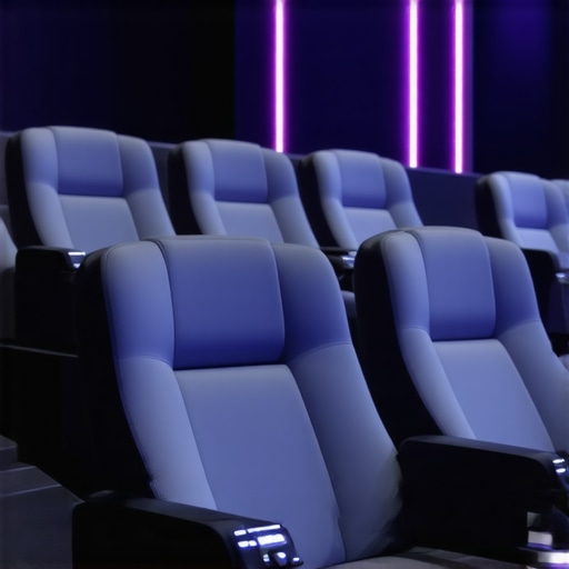 Futuristic home theater seats with integrated tech features and ambient lighting.