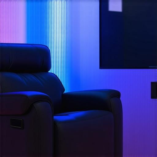 Close-up of a high-end ergonomic home theater recliner with ambient lighting and technological controls