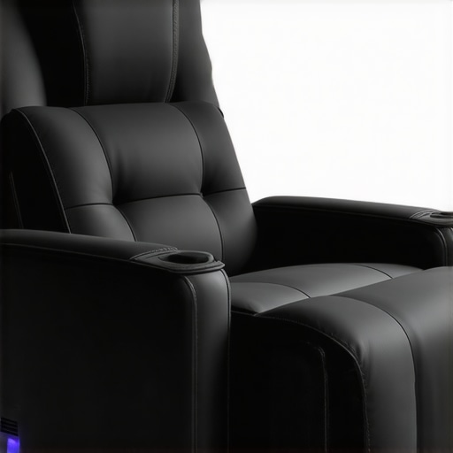 A luxurious modern home theater recliner featuring advanced smart technology and innovative cup holder design