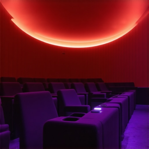 Futuristic home theater chairs with integrated smart controls, lighting, and adaptive surfaces.