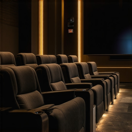 Modern home theater with ergonomic recliner chairs, adjustable features, and integrated smart technology