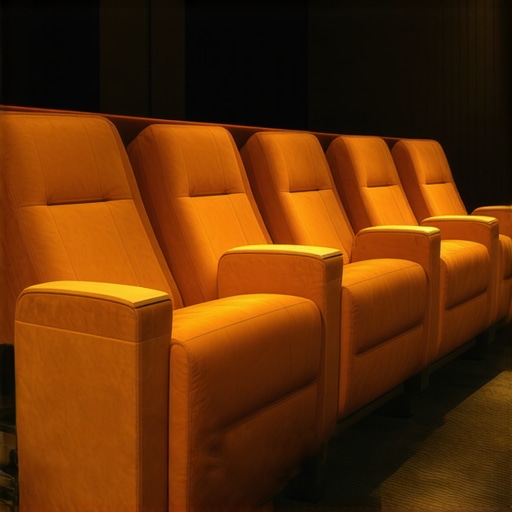 A sleek, modern home theater with futuristic recliners featuring integrated tech and eco-friendly materials