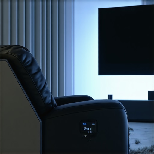 Sleek home theater recliner with hidden biometric sensors and ambient LED lighting