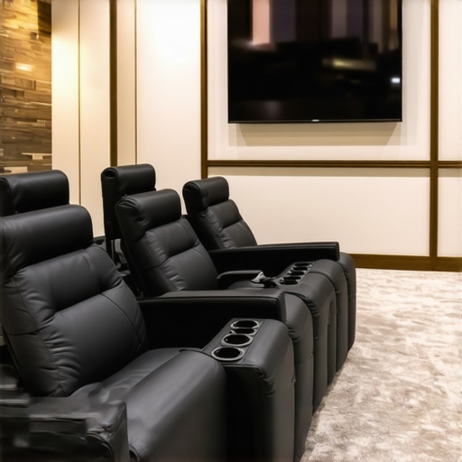 Interior view of a high-tech home theater room showcasing ergonomic recliner chairs with integrated cup holders and smart device controls