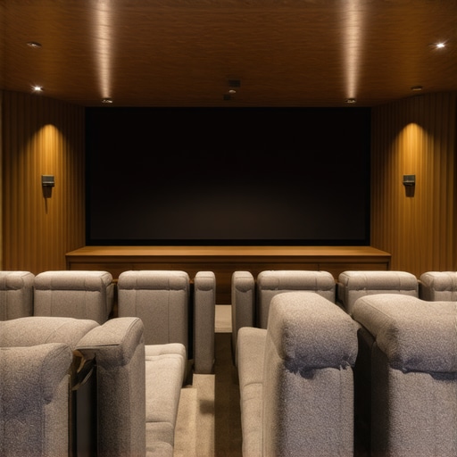 A luxurious modern home theater with customizable recliner loveseats, ambient lighting, and integrated sound systems.