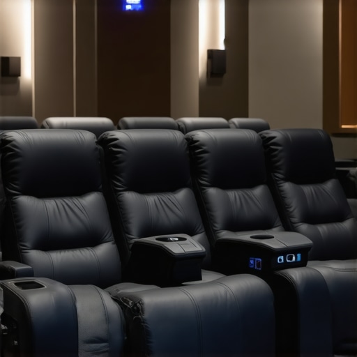 Stylish home theater seating with recliners and integrated features in a cozy room.
