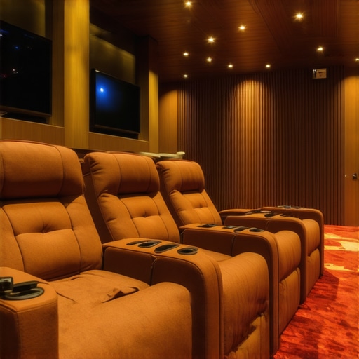 Futuristic recliner seats with embedded controls and sound-absorbing materials in a sleek home theater environment.