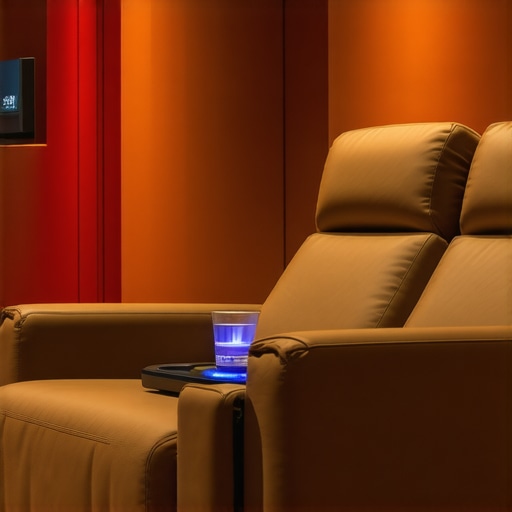 Elegant home theater chair featuring a built-in illuminated cup holder in a stylish media room.