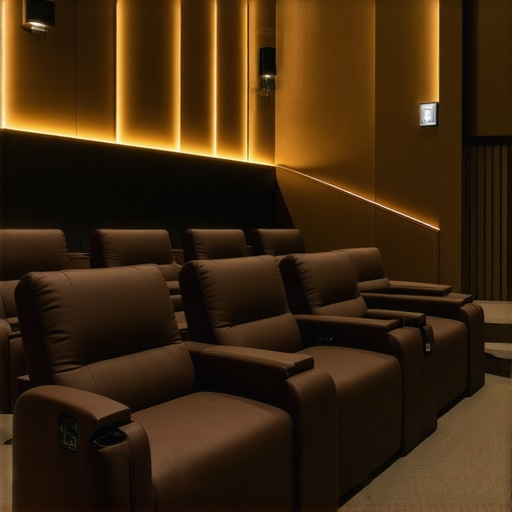 A sophisticated home theater room with plush recliner seats, ambient lighting, and acoustic treatments.