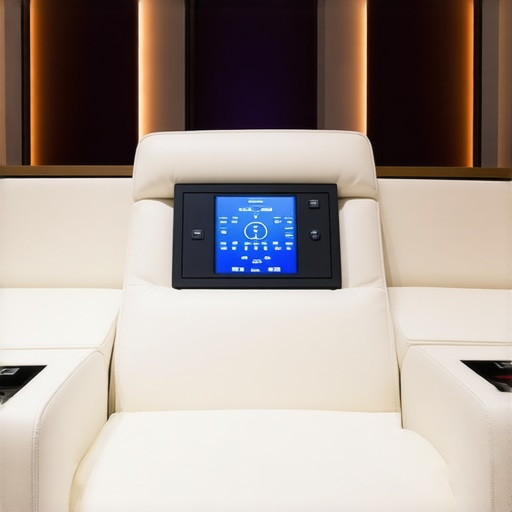 A sophisticated home theater recliner showcasing built-in controls, ambient lighting, and adaptive climate features.