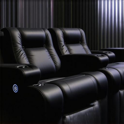 Close-up of a high-end home theater recliner showcasing embedded technological features and premium materials