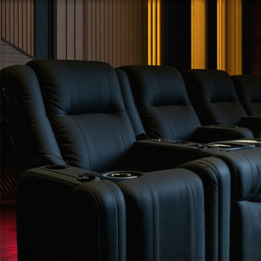 Stylish home theater recliners with built-in modern cup holders and ambient lighting.