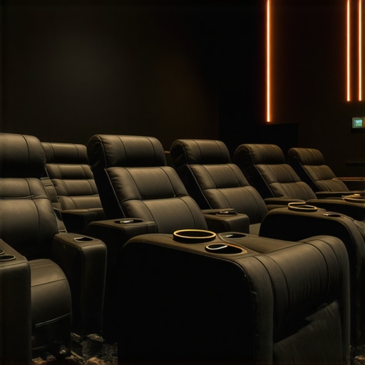 A row of plush recliner seats with cup holders and adjustable headrests in a stylish home theater