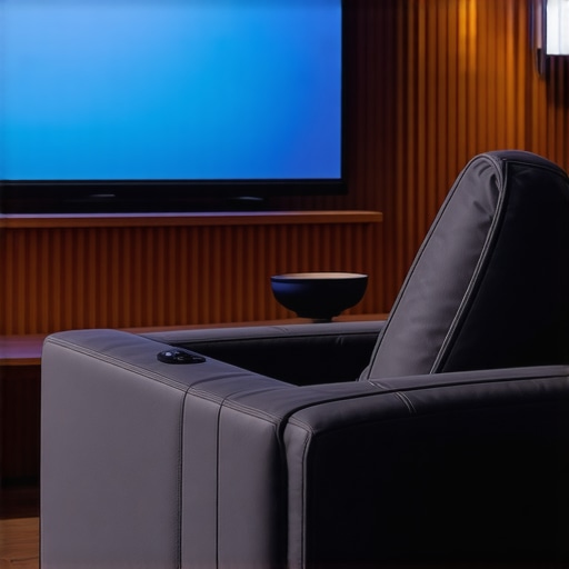 A sophisticated home theater recliner equipped with enhanced power backup systems and innovative cup holders in a stylish media room.