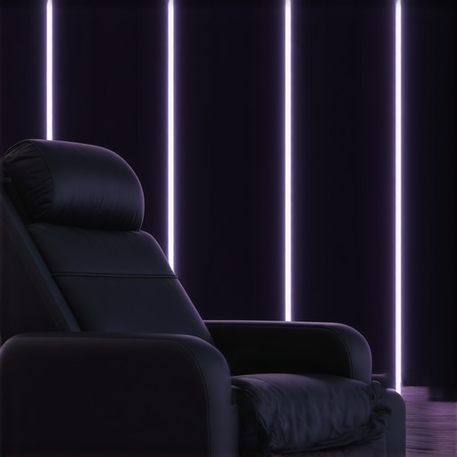 Futuristic ergonomic recliner with integrated biometric sensors and adaptive materials in a modern home theater