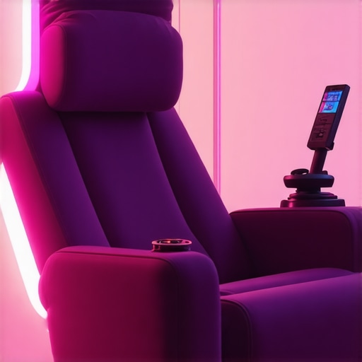 A sleek home theater seat equipped with haptic feedback modules and VR headset interfaces, set in a contemporary entertainment room.