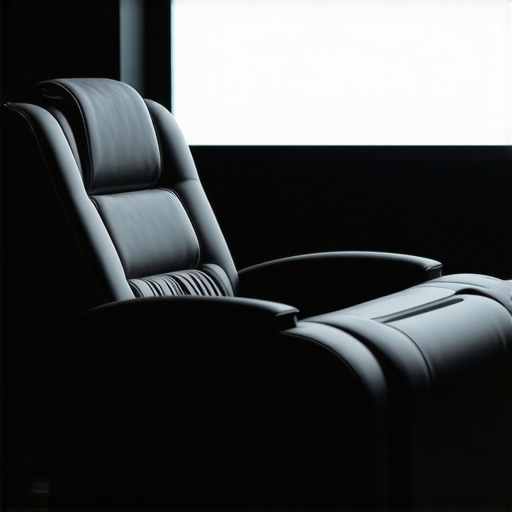 A high-tech, sleek home theater recliner equipped with smart features and ambient lighting