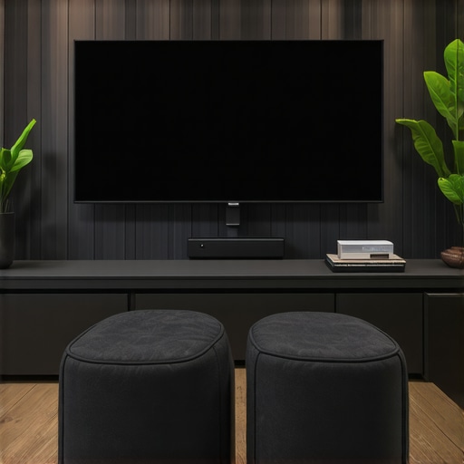 A modern home theater setup featuring a visible battery backup system ensuring uninterrupted operation