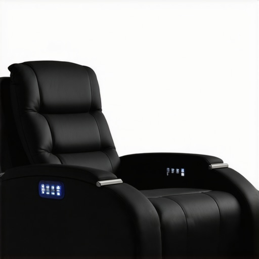 A futuristic home theater recliner showcasing built-in touch controls and ambient lighting