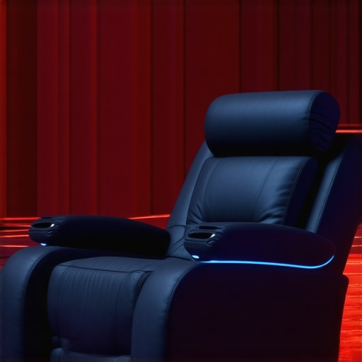 A sleek, futuristic home theater recliner featuring embedded technology, adjustable ergonomic supports, and eco-conscious design elements.