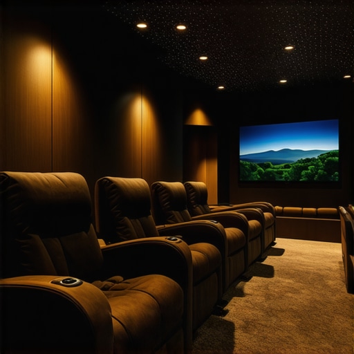 A sleek home theater with eco-friendly recliners integrated with advanced technology.