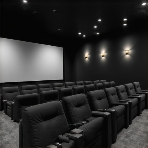 Home theater seats equipped with motorized bases positioned for optimal sound experience.