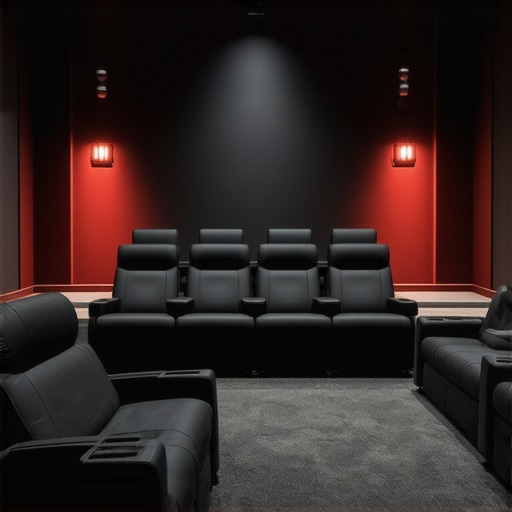 Modern home theater with modular recliners, fiber-optic lighting, and sound-absorbing seats.
