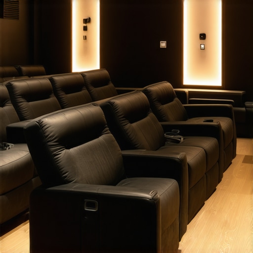 A high-end home theater showcasing modular seats with adjustable features and ambient lighting.