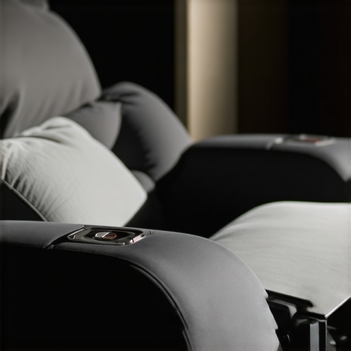 Textile swatches, electronic modules, and mechanical parts of loveseat recliner furniture.