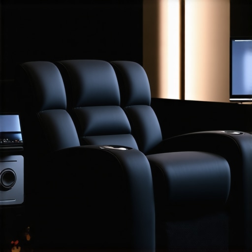 A modern home theater recliner equipped with advanced smart features and integrated audiovisual systems.
