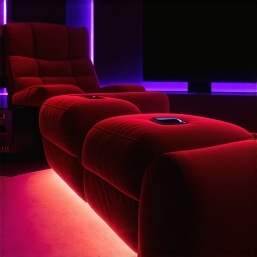 A sleek, modern home theater recliner with integrated control panel and ambient lighting features