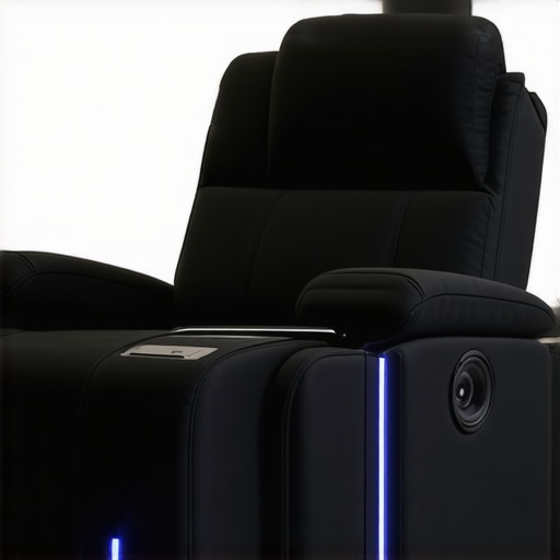 A state-of-the-art home theater recliner featuring integrated Bluetooth speakers, USB charging ports, and customizable ambient lighting.