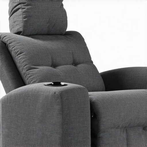 Modern recliner with integrated smart controls and durable fabric designed for home theaters.