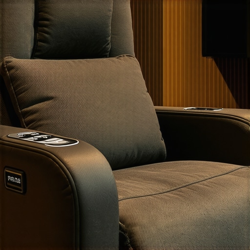 Close-up of a modern, plush recliner in a home theater setting with integrated controls.