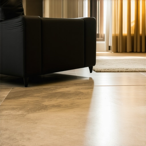 Close-up of a home theater recliner with a textured base interlocked with tile flooring to prevent slipping.