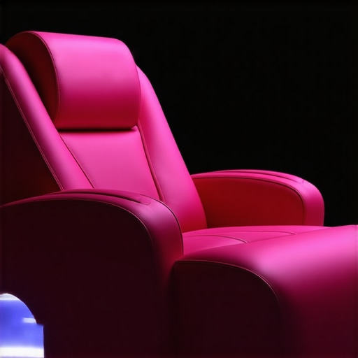 A sleek, modern home theater chair featuring adaptive nanotech fabric and embedded OLED lights for personalized ambiance.