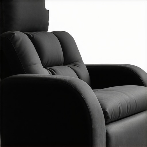 Close-up of a luxury recliner with integrated sensors and motorized headrest in a modern home theater setting.