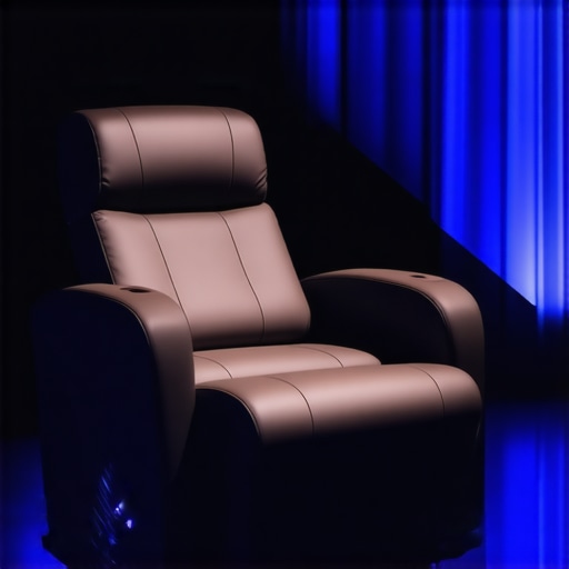 A modern home theater seat equipped with biometric sensors and integrated controls for immersive experience